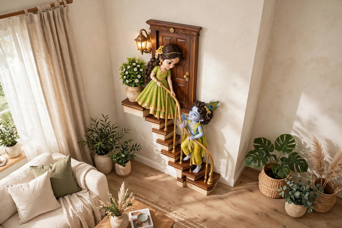 Divine Radha Krishna Stairway to Love - 3D Wall Art